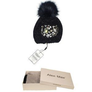 💥GLAMOROUS💥Alex Max Knit Pom Beanie with Gem Crystals in Blue